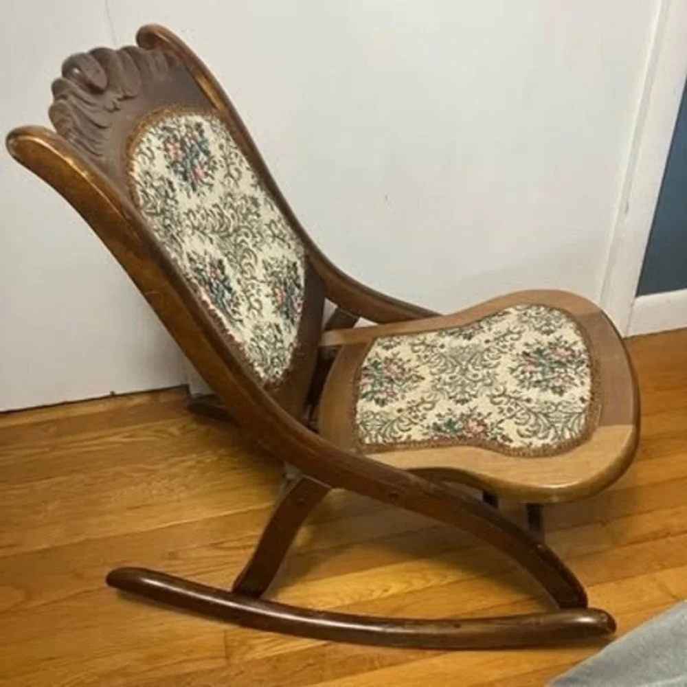 Vintage Folding Rocking Chair Wood Carved Floral Tapestry Upholstered Portable